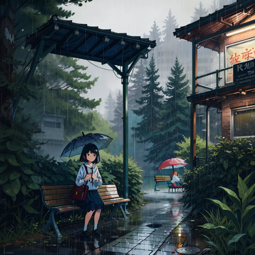 illustrated poster、Girl hiding in the rain at a bus stop in the forest、umbrellas、Benches、top-quality、(masterpiece:1.1