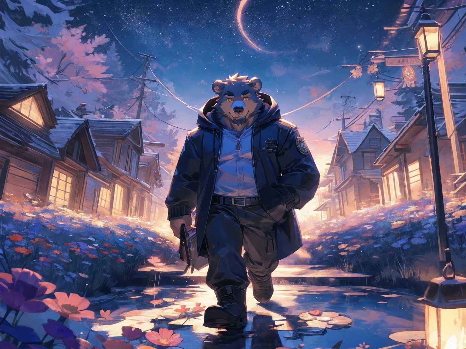 (masterpiece:1.2), best quality,pixiv,official art,perfect anatomy, (Ray tracing, light),solo, (1_male:1.3) , (muscle), (grey fur:1.4), (muscle bear), (beard:1.2), (gleaming golden eyes), bear tail, Thick black eyebrows,(black hoodie coat), (naked inside), cargo pants, short boots, A skyline at lakeland, with twinkling stars and a bright Milky Way. character is running on the flower road with lake