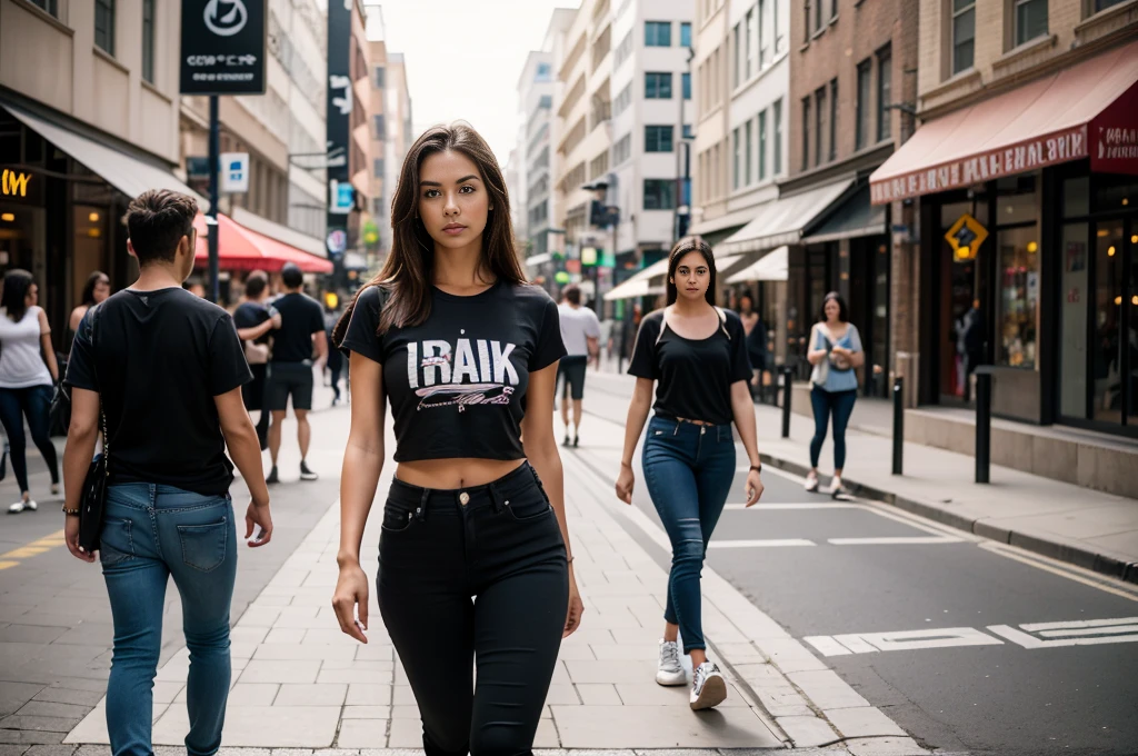 full figure photograph of a serious fitted slim female model, 30 years old, long brown hair, brown eyes, wearing a black t-shirt and black jeans, she is walking in a city street and looking toward the camera with an intense look.