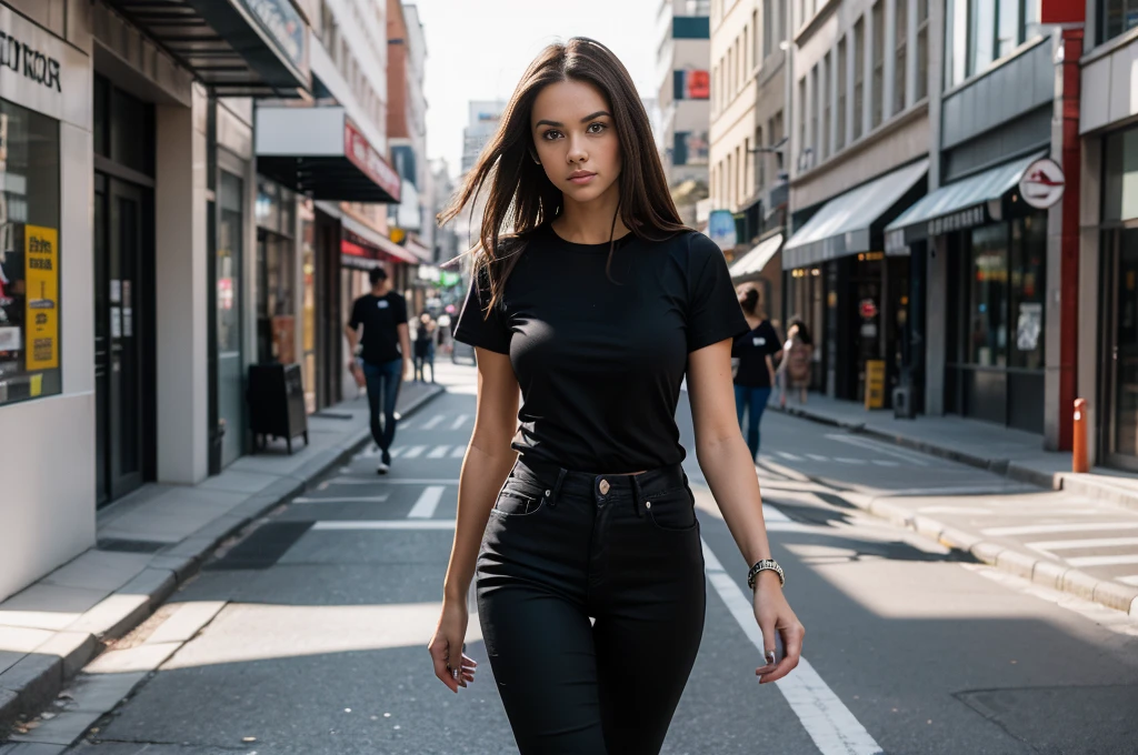 full figure photograph of a serious fitted slim female model, 30 years old, long brown hair, brown eyes, wearing a black t-shirt and black jeans, she is walking in a city street and looking toward the camera with an intense look.