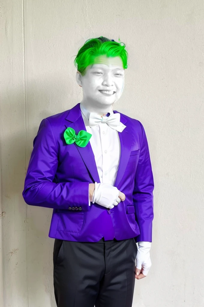 Bright green hair, typically styled in a slicked-back or wild, chaotic manner.
Makeup:
Pale white face, created either by permanent chemical bleaching or makeup.
Exaggerated red lips forming a wide, menacing grin.
Dark eye makeup around the eyes, enhancing his sinister look.
Attire:
Suit: The Joker is most often depicted wearing a purple suit, which includes a purple jacket and matching pants.
Shirt: A green or sometimes orange dress shirt, often with a ruffled front.
Vest: A contrasting vest, often green or yellow, adding to the colorful, clown-like appearance.
Tie or Bow Tie: A green bow tie or a long, thin tie, usually in a bright color.
Gloves: Purple gloves, completing the formal yet flamboyant look.
Shoes: Two-tone dress shoes, typically black and white, or sometimes purple to match the suit.
Accessories:
Flower: Often has a boutonnière on his lapel, which sometimes doubles as a weapon, such as squirting acid.
Cane: Occasionally seen with a cane, adding to his theatrical, over-the-top persona.
Playing Cards: The Joker is known for carrying Joker playing cards, which he uses as calling cards or weapons.