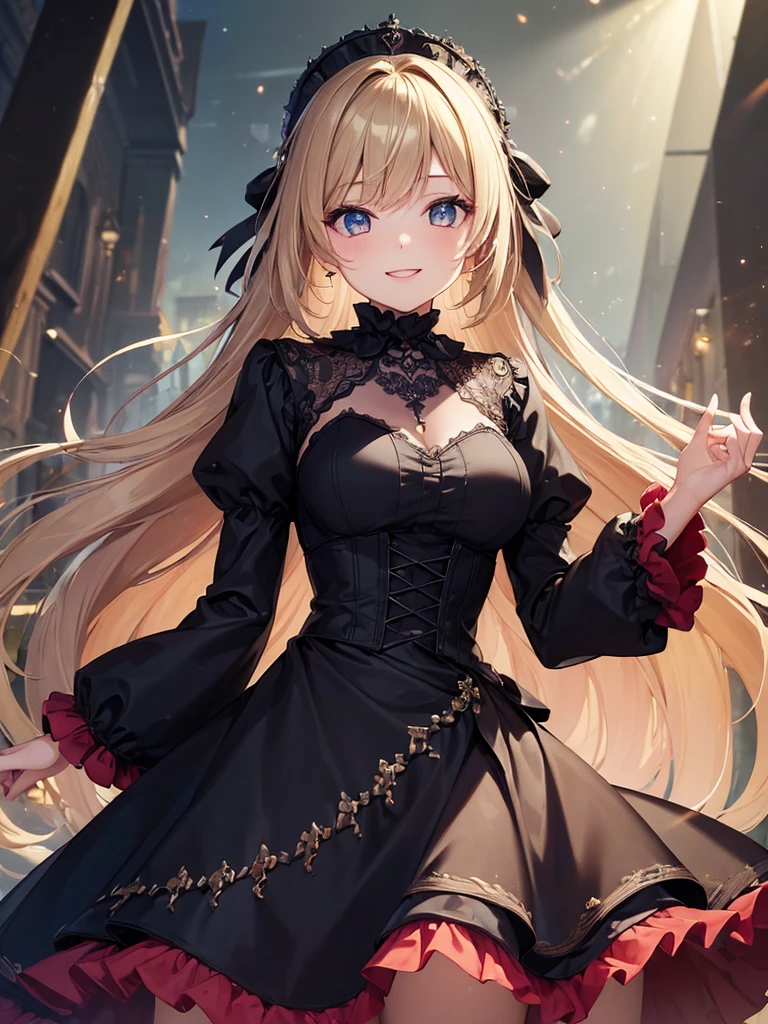 (masterpiece:1.5),(Beat quality),(high res),1girl solo,beautiful face,smile(shining eyes),light effects,Woman in black gothic dress,The background is a park