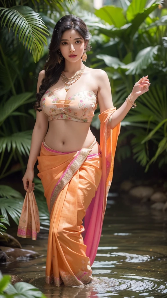 portrait,(NSFW 0.75) boy,woman, ((princess pose)) ,very very big breast, soft nylon sexy saree , orange , pink ,teal,red, yellow colour ,flower design modern light wedding saree, colorful, flower armor, good anatomy, best quality, (((masterpiece))), high quality, realist, best detailed, details, realist skin, skin detailed, underboobs, beautiful posing under a fairy tale of exotic magic,lehenga choli, girl immersed in water , soaked saree, meadows background , bokeh effect , chubby , nipple slip , put milk in breast,off shoulder, strapless blouse, different saree wearing style,(multi chain jewellery blouse),(wearing jewellery on blouse)(buttocks and looking back)(((girl have pot on hip)))((saree flyon air))