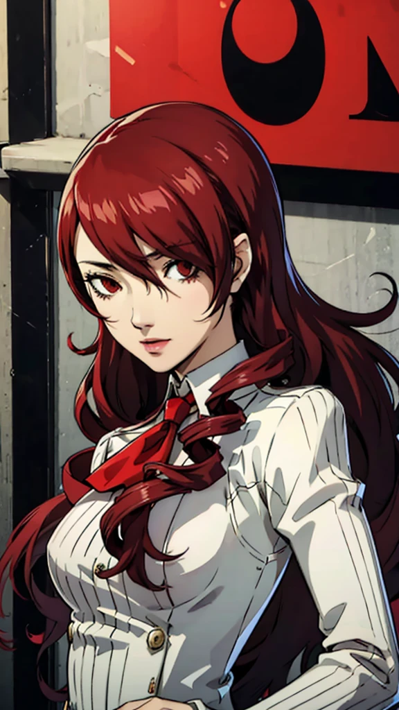 Mitsuru kirijo, portrait, suit, tie, red eyes, long hair, hair over one eye , hair over one eye, mature