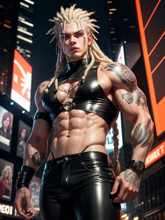 in NYC, Times Square, 18 year old white boy in Wolf style, from DC comics, with dreadlocks, intergalactic anti-heroine, known for her cruelty and sarcastic behavior.. He is depicted as an alien humanoid with pale white skin., long black dreadlocks, and super muscular physique in tight black leather pants.. His bright red eyes give his appearance a menacing cast... Often dressed in an open black leather vest., Tight pants, and heavy boots, he has a punk rock look. With tattoos and scars all over my body, emphasizing his seasoned character.,