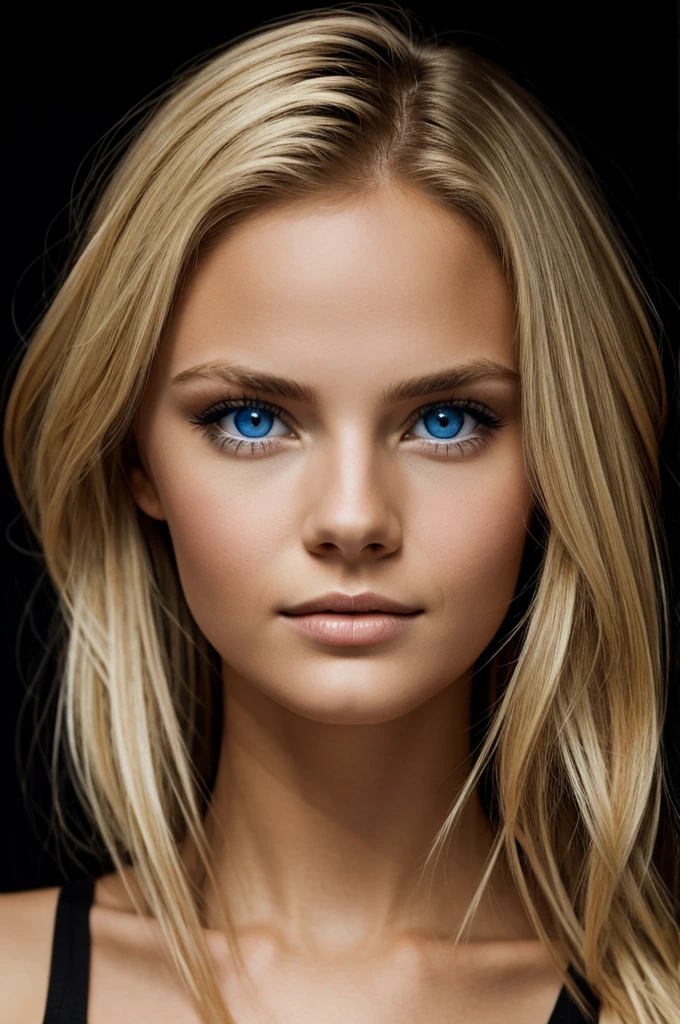 Young blonde woman with blue eyes on black background