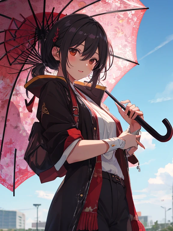 Person with an Umbrella, めぐみん, UHD, retina, masterpiece, ccurate, anatomically correct, textured skin, super detail, high details, high quality, best quality, highres, 4K