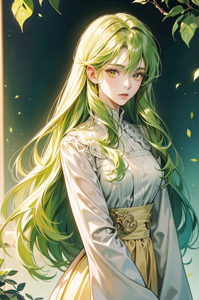 最high quality, high quality, 8K、High resolution,Highest quality、solo、A gentle and mature lady、tall、Long limbs、solo、Mouth open、Yellow-green long hair、Yellow Eyes、anime