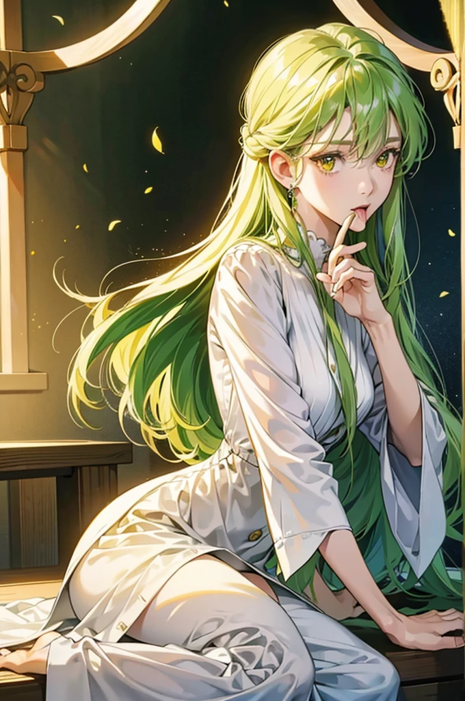 最high quality, high quality, 8K、High resolution,Highest quality、solo、A gentle and mature lady、tall、Long limbs、solo、Mouth open、Yellow-green long hair、Yellow Eyes、anime