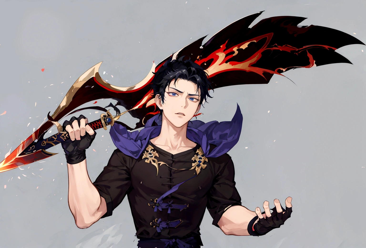 anime character with a sword and a black shirt, keqing do impacto genshin, trigger anime art style, handsome guy in demon slayer art, zhongli do impacto genshin, kentaro miura art style, cute japanese demon boy, 由杨J, with big sword, menacing look, Hero 2d Fanart Artsation, Threatening pose, Anime main art