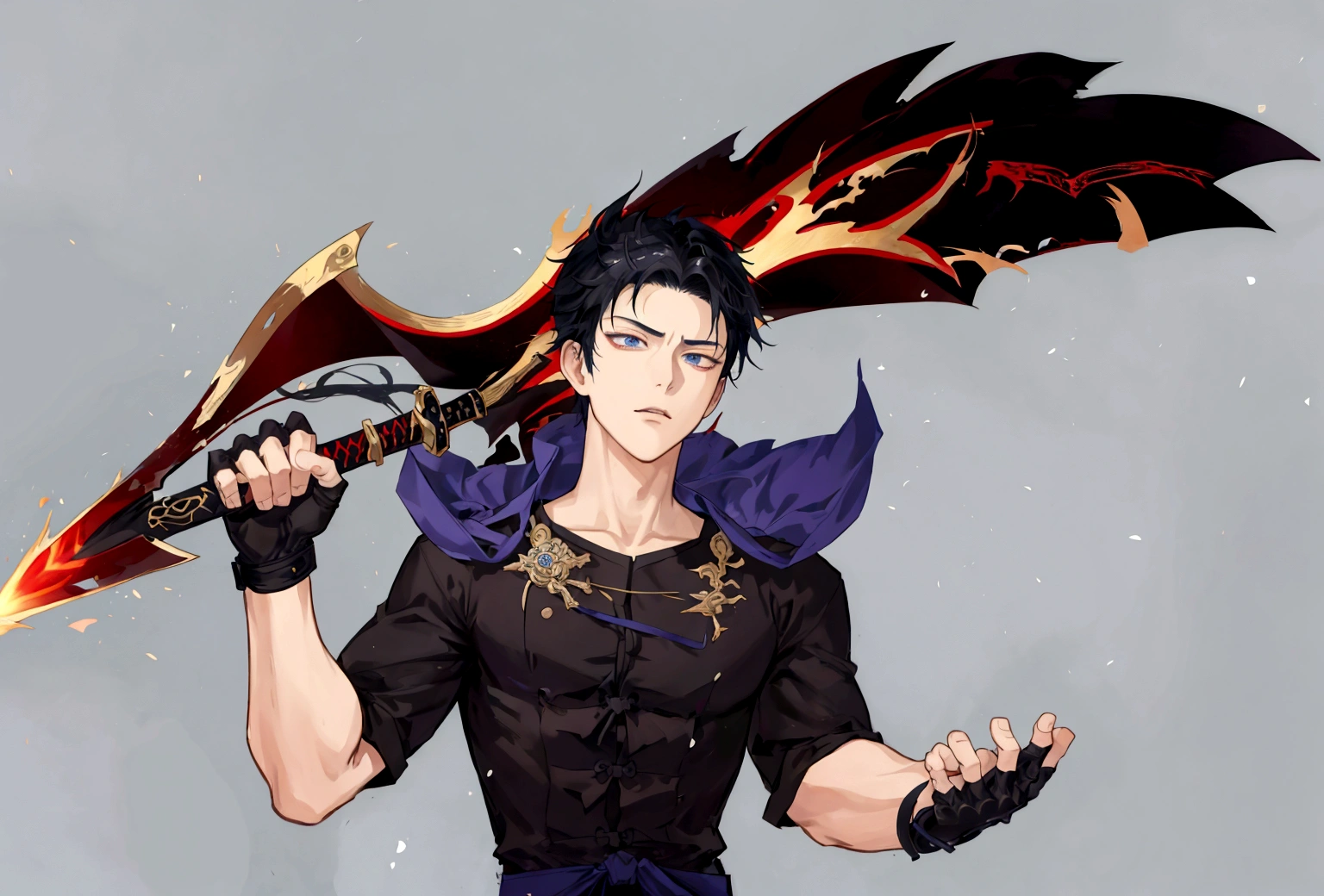 anime character with a sword and a black shirt, keqing do impacto genshin, trigger anime art style, handsome guy in demon slayer art, zhongli do impacto genshin, kentaro miura art style, cute japanese demon boy, 由杨J, with big sword, menacing look, Hero 2d Fanart Artsation, Threatening pose, Anime main art