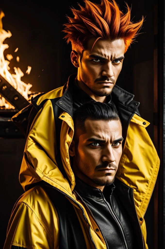 A man withe fire hair and yellow and orange eyes with the cool jacket looking at the camera with anger