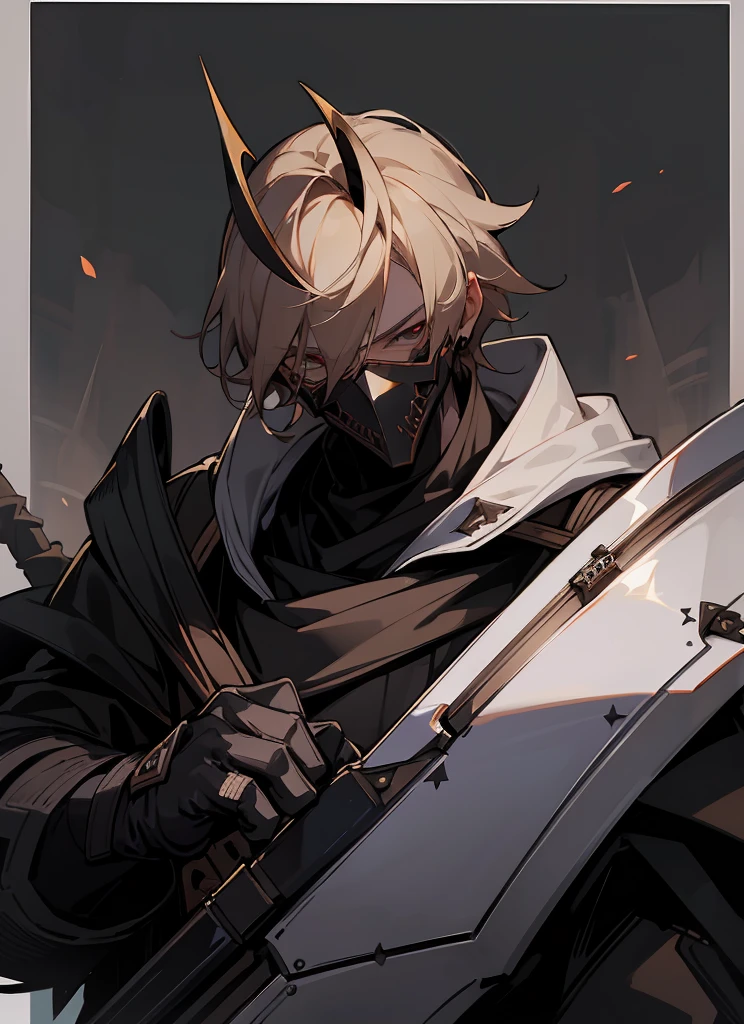 1 , handsome fashion hair,bronze hair highlightwhite, fanstasy, smile face, male ,fantasy, reaper, hunter with blackshortsword, villian face, black armor , darkness wolrd, bad, devil mask