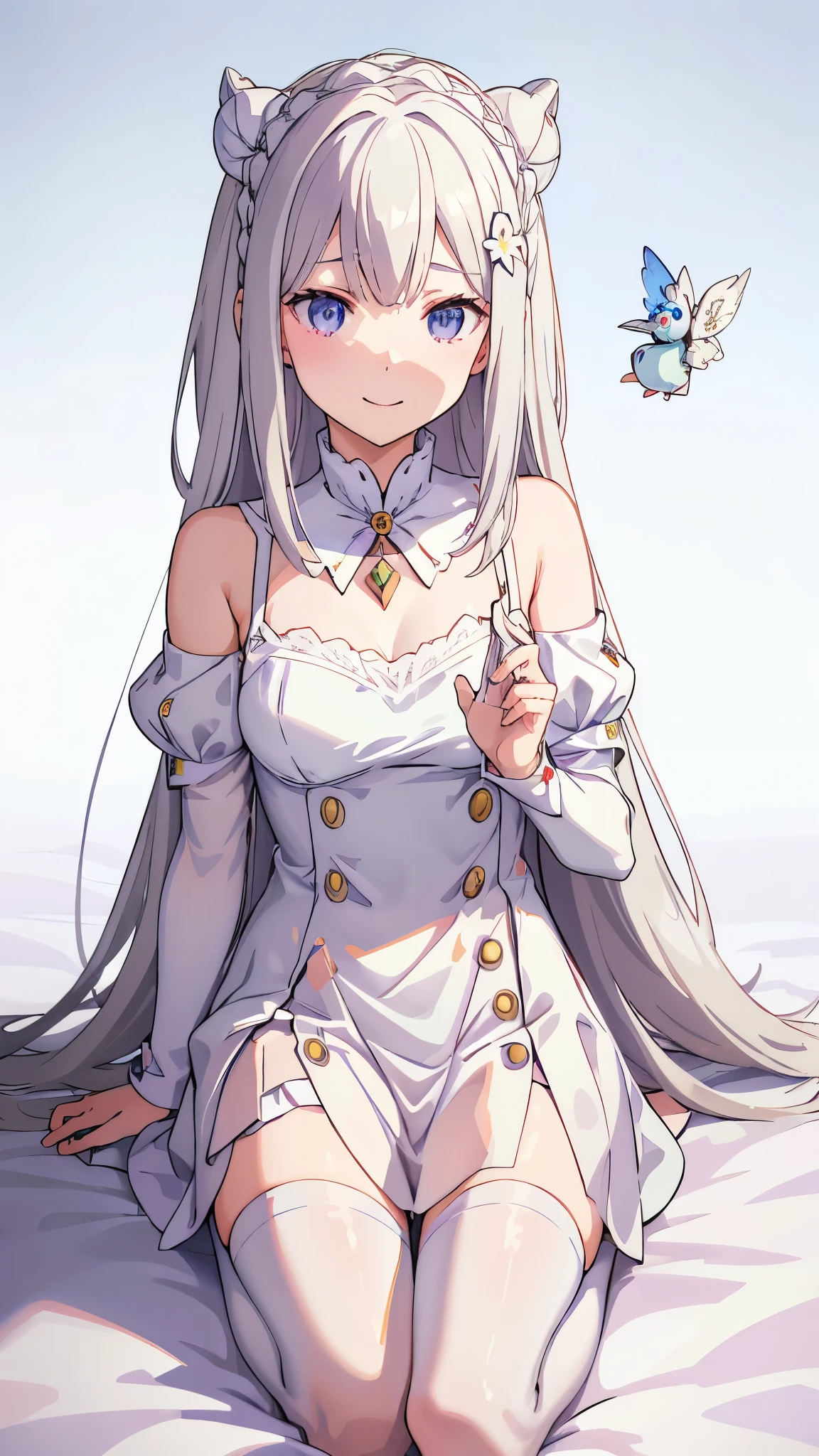 realisti、a girl、 Emilia Li:zero、Crown blade、Flower hair accessories、×Haarschmuck、grey hair、Long hair、purple eyes、Fantasies、Ice magic effect、Enlightenment、Piece flies、smile、mini skirt、white knee socks、