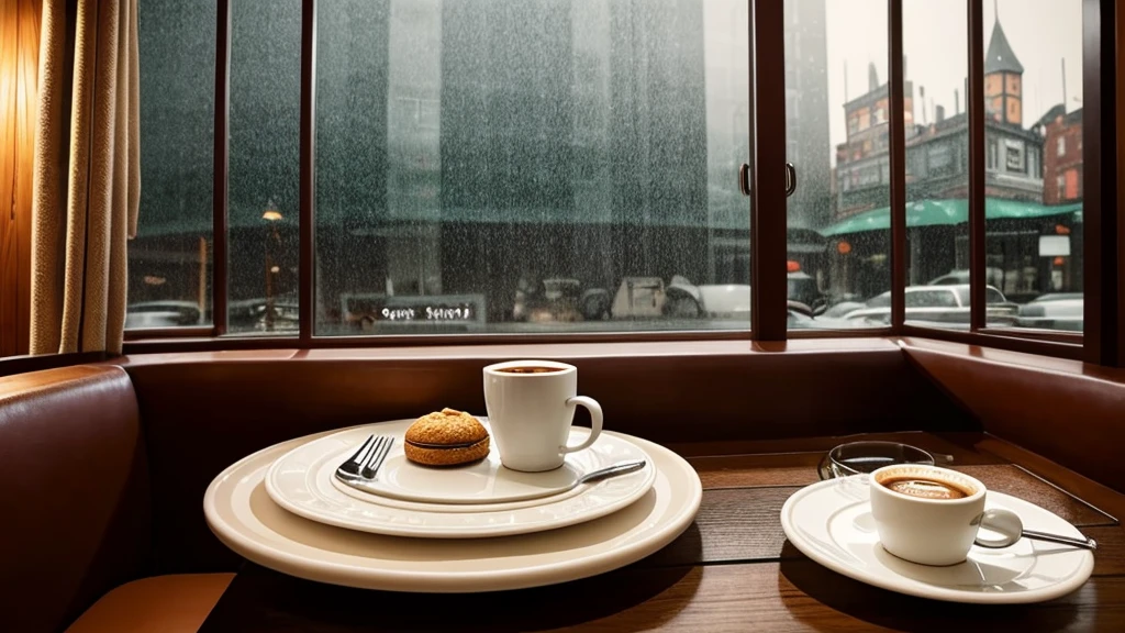 there is a table with a cup of coffee and a plate of food on it, cozy setting, cozy atmosphere, cozy cafe background, inside on a rainy day, pleasant cozy atmosphere, cozy and peaceful atmosphere, cozy atmospheric, cosy atmosphere, cozy environment, cozy place, rainy afternoon, cozy aesthetic, happy cozy feelings, beautiful ambiance, cityscape in the window