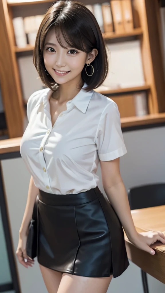 (masterpiece:1.2, Highest quality), (Realistic, photoRealistic:1.4), Beautiful illustrations, (Natural Side Lighting, Cinema Lighting),
View your viewers, (breast focus), (From above:1.1), close, 1 female, Japanese, 20-year-old, High School Teacher, Perfect Face, Cute and symmetrical face, Shiny skin, ,
(short hair, ponytail, Ash Blonde Hair), Parted bangs:0.2, Golden Eyes, Droopy eyes, Big eyes, (Middle chest, Captivating thighs, Big Ass), Earrings,
Beautiful Hair, Beautiful Face, Beautiful attention to detail, Beautiful clavicle, Beautiful body, Beautiful breasts, Beautiful thighs, Beautiful feet, Beautiful fingers,
(Black tight skirt, Short sleeve white collar shirt),
(Beautiful views), summer, evening, (office:1.2), Are standing, Leaning forward, (Cute smile, Upward glance),