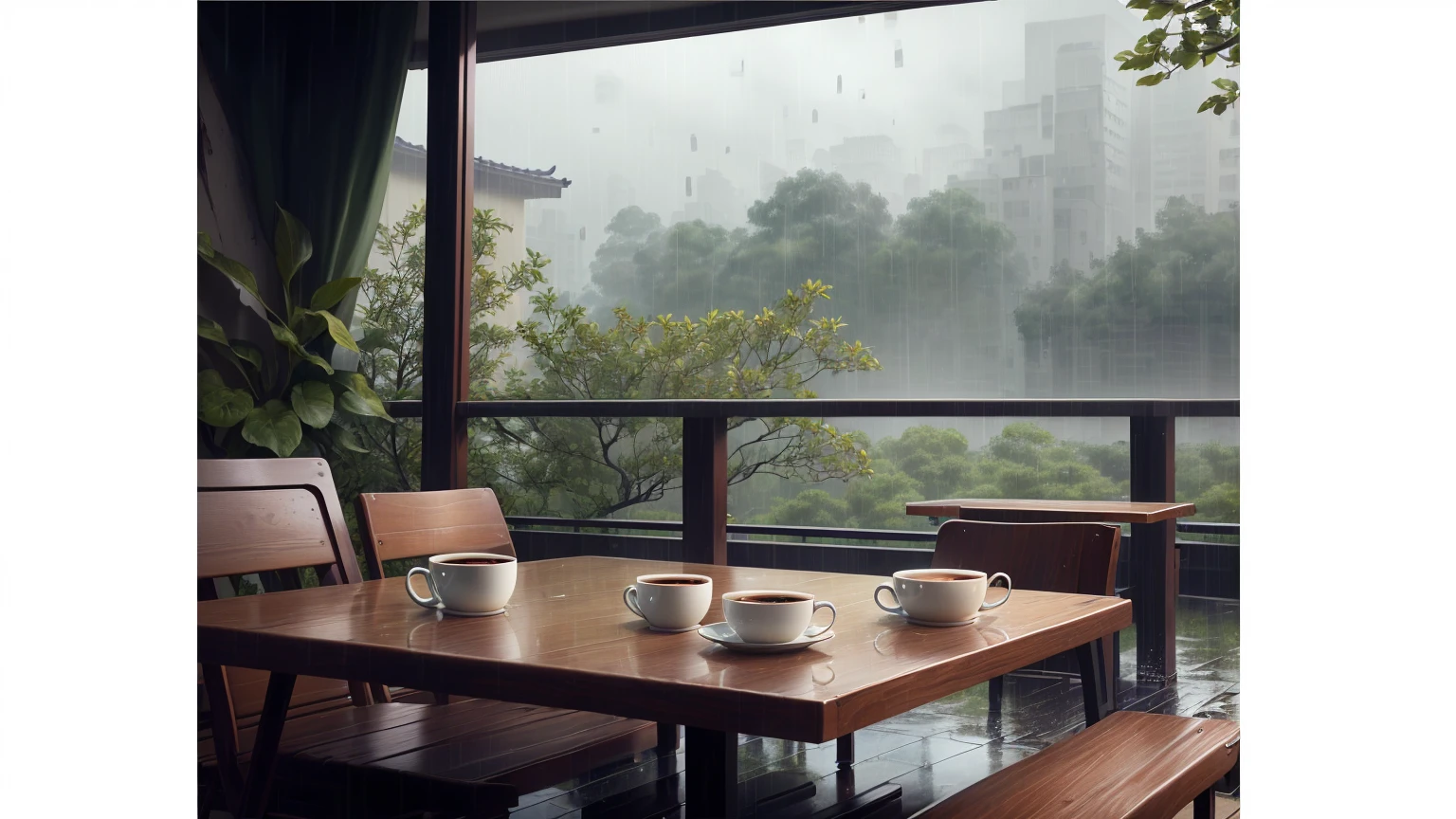 There is a table，There are two cups on it，There was a coffee cup on the table, rain天 outside, Rainy afternoon, 外面rain, It&#39;s raining outside, relaxing environment, In a rainy environment, inside on a rain天, rain天. Game Rendering, Relaxed atmosphere, Rainy Scene, rain, Rainy day mood, Rainy weather, Quiet and peaceful atmosphere