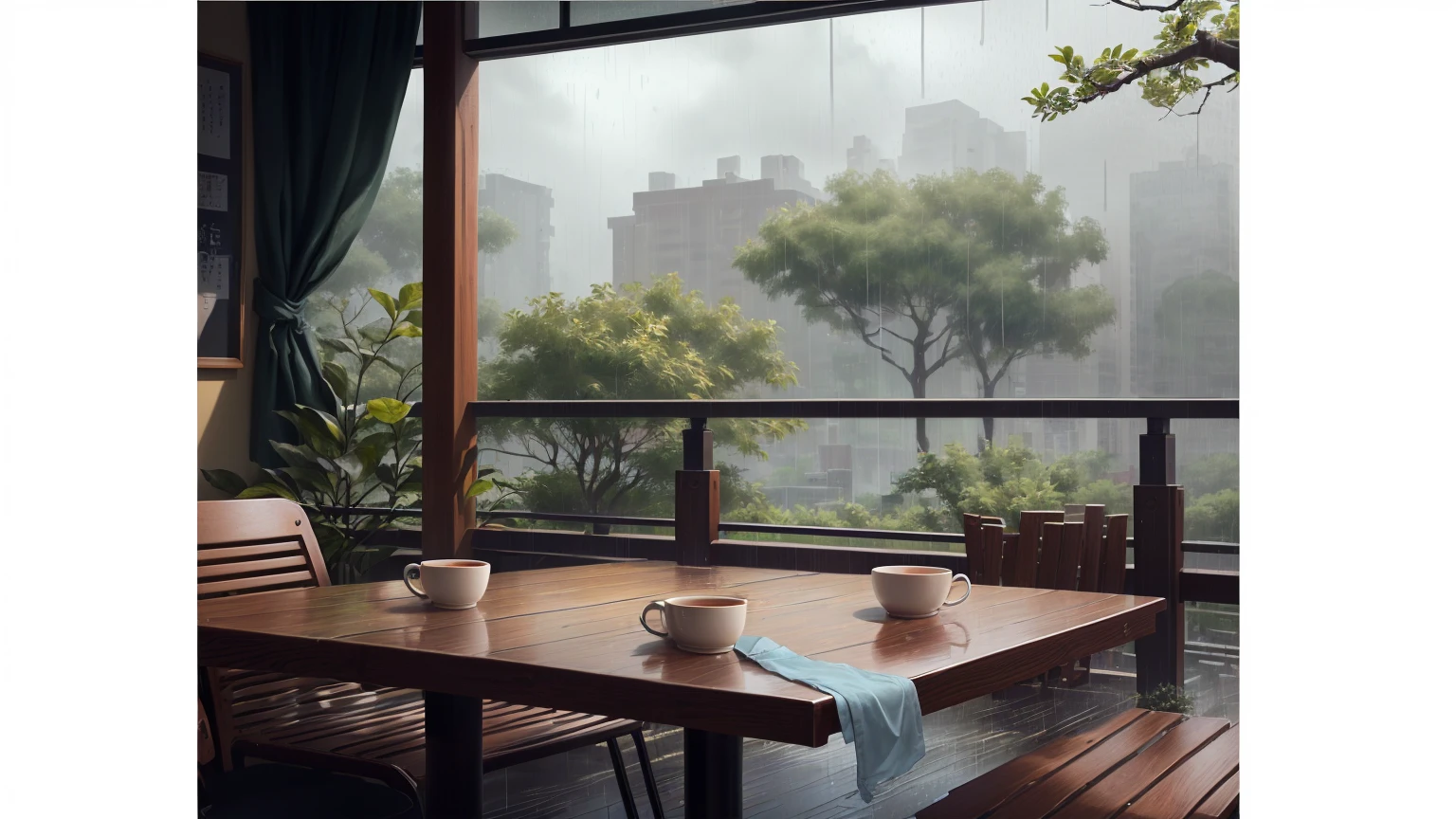 There is a table,There are two cups on it,There was a coffee cup on the table, rain天 outside, Rainy afternoon, 外面rain, It's raining outside, relaxing environment, In a rainy environment, inside on a rain天, rain天. Game Rendering, Relaxed atmosphere, Rainy Scene, rain, Rainy day mood, Rainy weather, Quiet and peaceful atmosphere