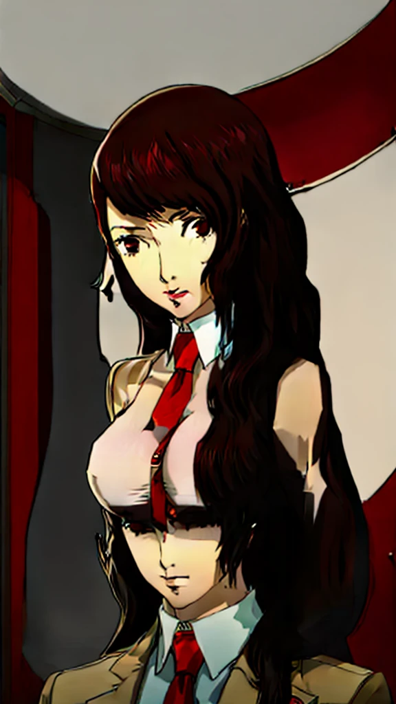 Mitsuru kirijo, portrait, suit, tie, red eyes, long hair, hair over one eye , hair over one eye, huge breast