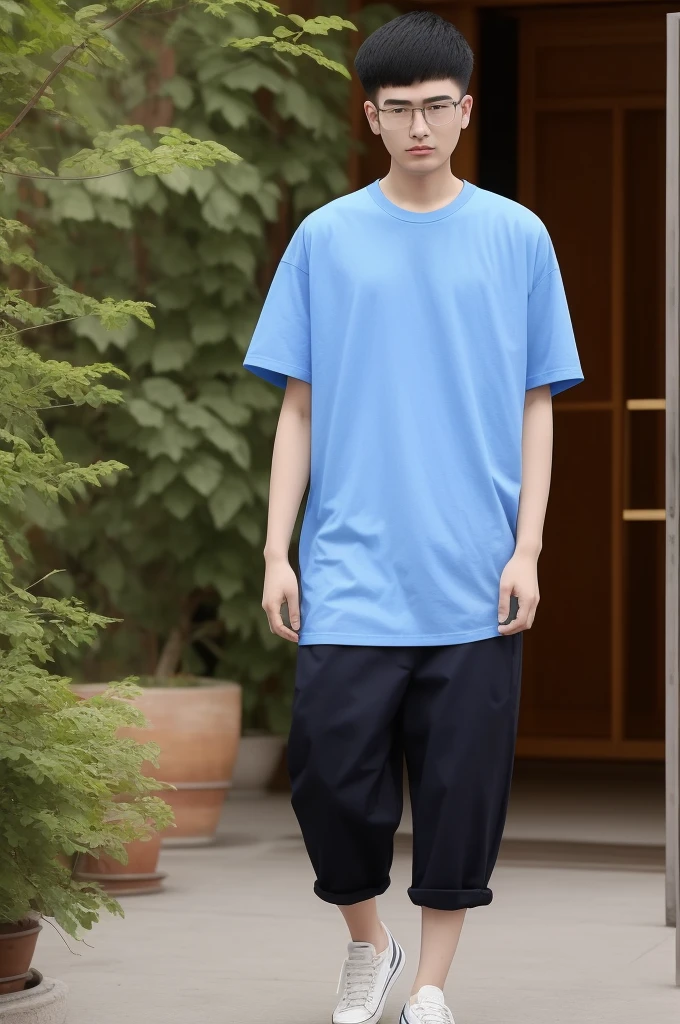 21 year old Beijing boy, he is wearing a oversize l blue plain t-shirt, he is wearing black trousers, he is wearing sneakers, he is wearing glasses, garden, full body,  "he is buzz cut Hairstyle", foot, walking 