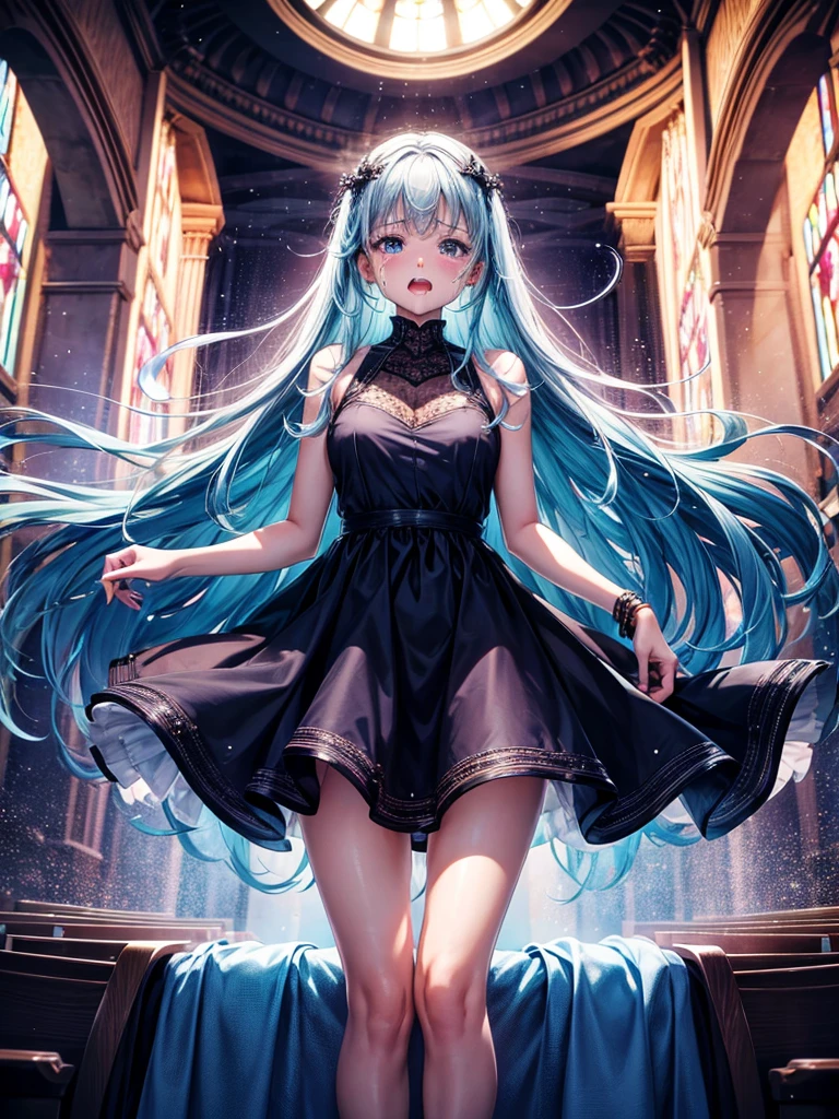 Highest Resolution,Highest quality,1People Girls,beautiful girl,Full body close-up,The body is frontal,looking at the camera,Standing posture,Crying face,Tears,Stringy saliva,Open your mouth,Sticking out tongue,Saliva,Tears overflow,Dripping a lot of saliva,Drooling,In a dress at church at night,