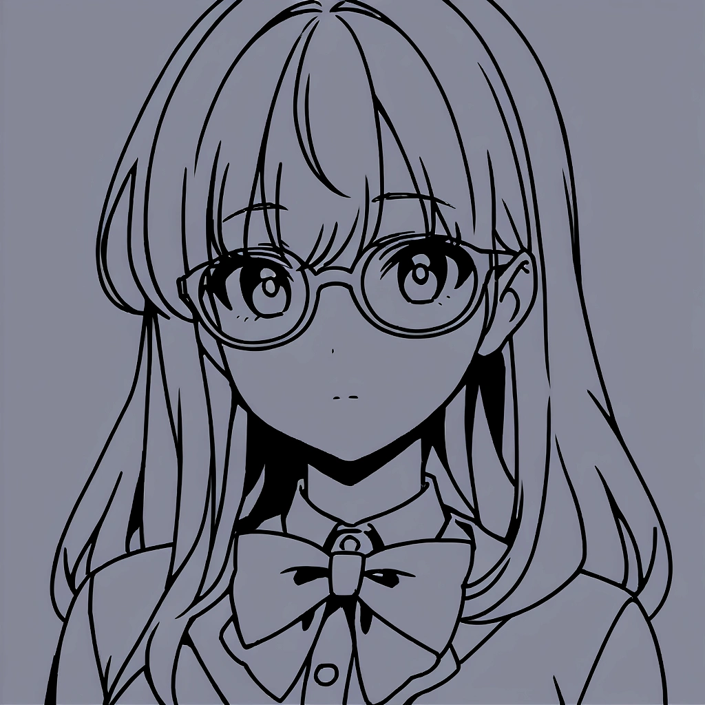 a drawing of a woman with glasses and a bow tie, clean anime outlines, simple lineart, thick lineart, lineart, thick black lineart, clean lineart, perfect lineart, with glasses, with glasses on, simple line art, girl with glasses, line art!!, variable lineart, outline sketch, line - art, intense line art