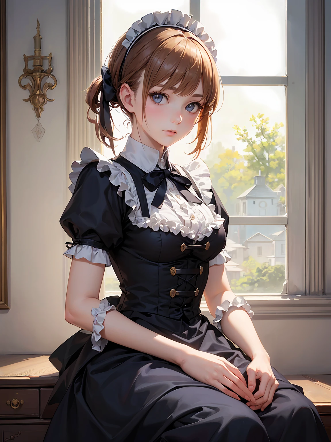 (Highest quality、16K、masterpiece、Ultra-high resolution、Victorian era、Photorealistic:1.2)、Maid Girl、solo、One person、Beautiful and detailed、2020Perfectly detailed illustrations created by a master anime illustrator of the 20th century、Tsundere、Heroine's Attributes、Artistic shading、Perfect Face、Detailed portrait、