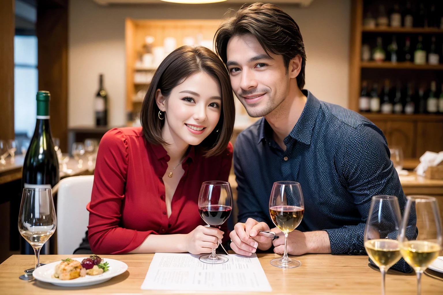 ((Highest quality、8K、masterpiece:1.3))、 (Ultra-realistic、 Genuine、Bright image、Intricate details:1.2), 最高のsmile、1 male 1 female、Beautiful couple、love love love、Lover in Hokkaido、Good friends、actress couple、smile、Full-course dinner at a packed table、 (Slim face), (the body is slim), (Brown Hair), (short hair), テーブルのwine glass、Please shine a light on my face、 Amazing view of the sunset sky and clouds、 39 years old, red wine 、Wine bottle、sparkling wine、Long sleeve shirt、dress、White wine, red wine, wine glass,
