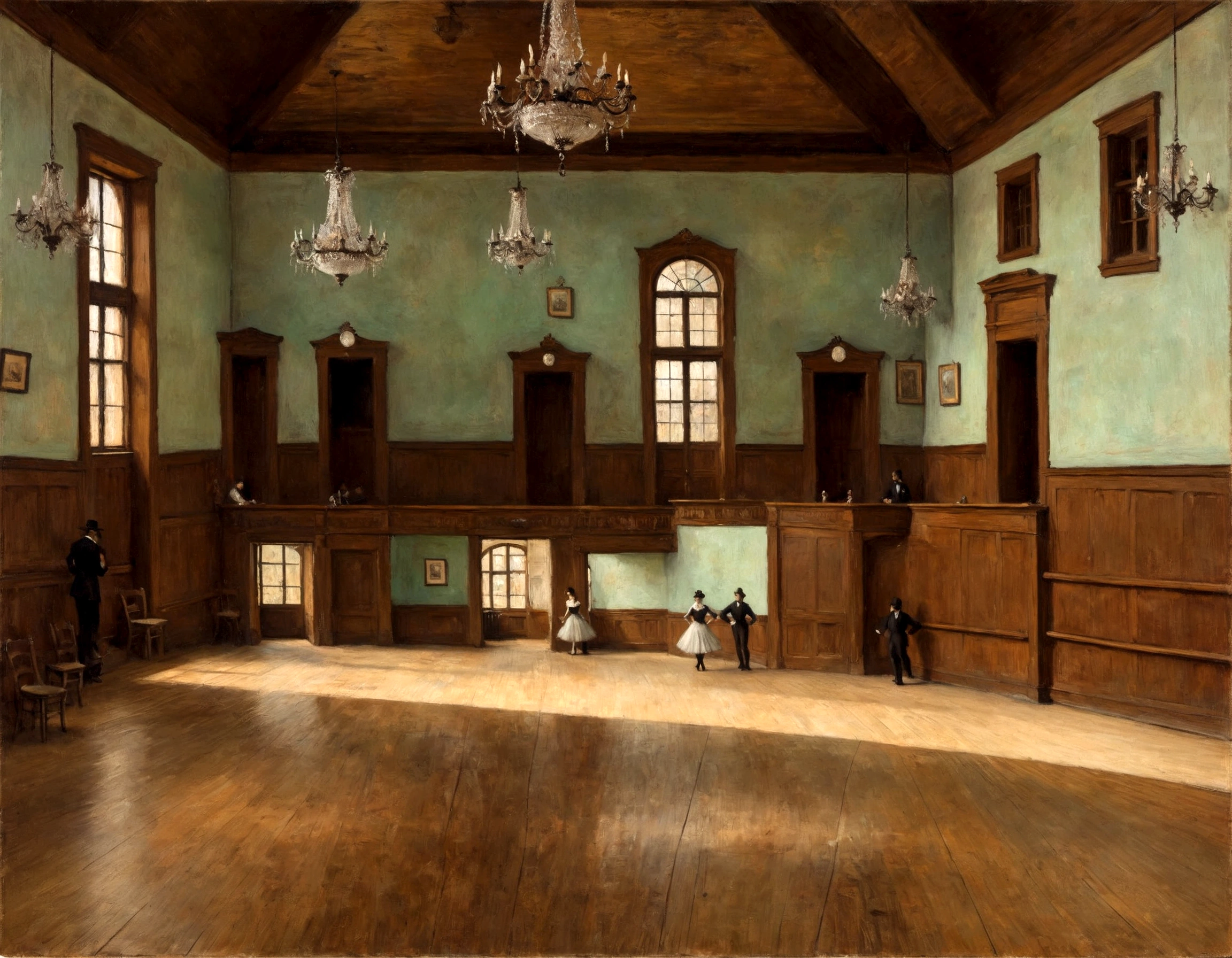 empty dance hall, with bars, wooden floor, chandeliers, by edgar degas painting