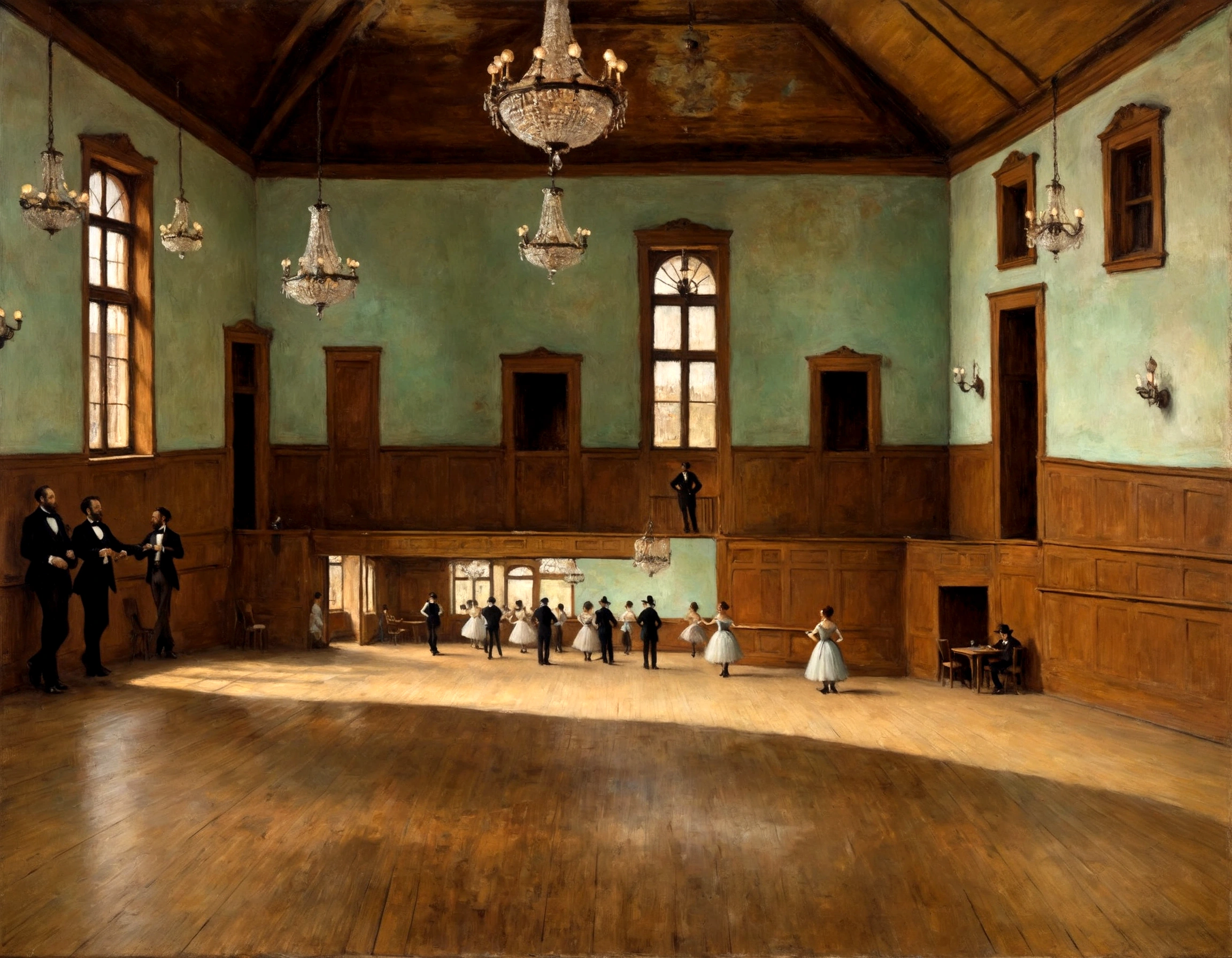empty dance hall, with bars, wooden floor, chandeliers, by edgar degas painting