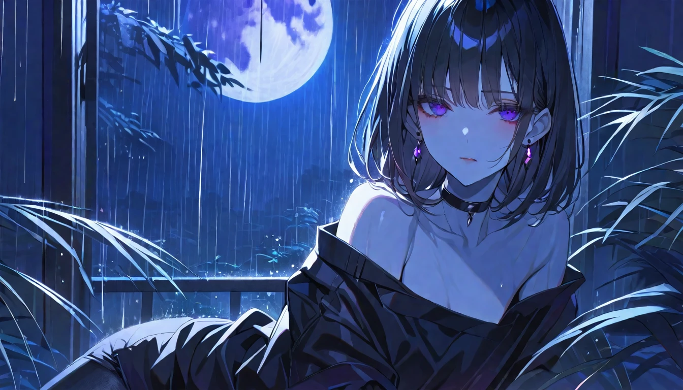 solo, handsome, Glossy feel,
1. Female,
Hime cut,Straight Hair,Bob Hair, 
black hair, 
Nakano Yotsuba,
purple Eyes,Soft look,beautiful,beautiful,Sexy,Darkness,Lots of black earrings,choker,
black Off Shoulder,black Distressed jeans,
White skin,Alluring,Rain,moon,
black  background,