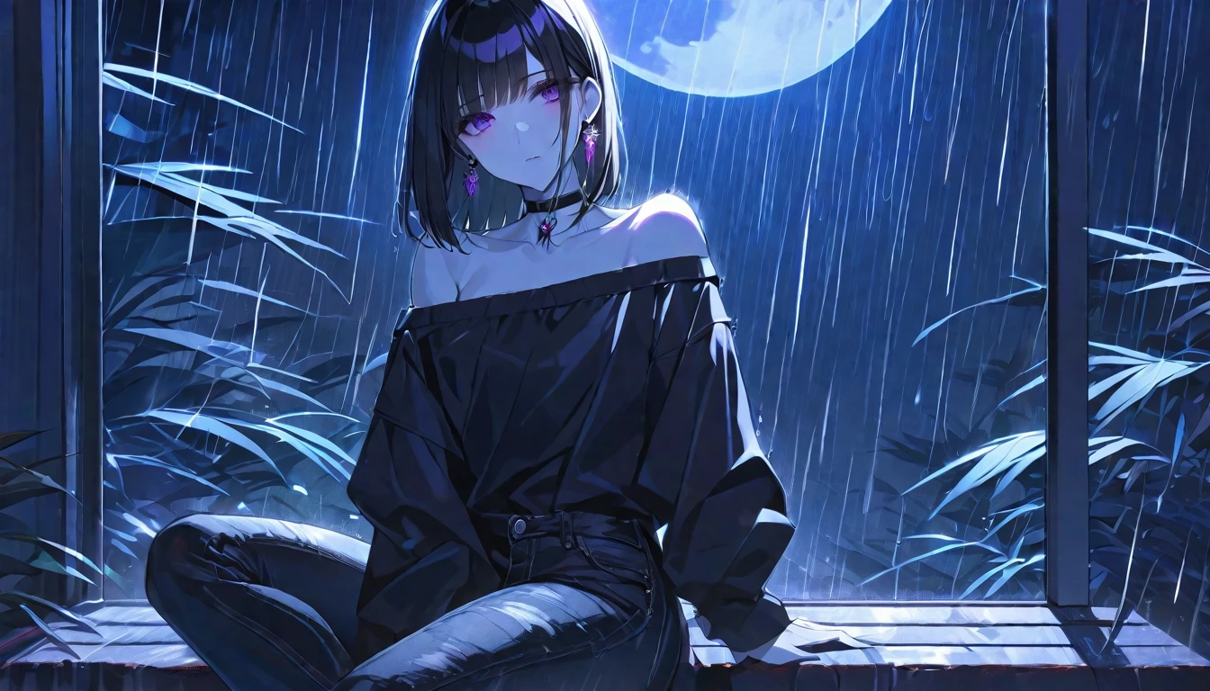 solo, handsome, Glossy feel,
1. Female,
Hime cut,Straight Hair,Bob Hair, 
black hair, 
Nakano Yotsuba,
purple Eyes,Soft look,beautiful,beautiful,Sexy,Darkness,Lots of black earrings,choker,
black Off Shoulder,black Distressed jeans,
White skin,Alluring,Rain,moon,
black  background,