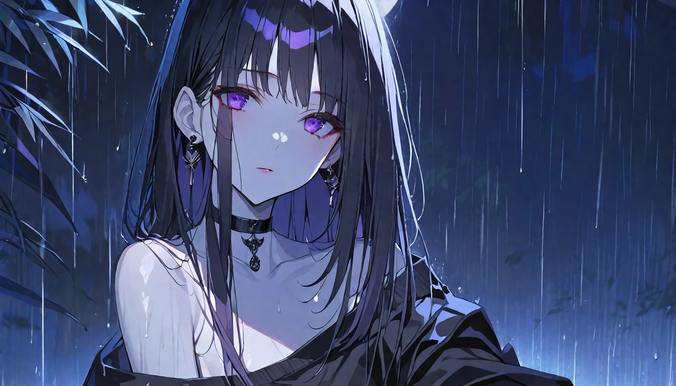 solo, handsome, Glossy feel,
1. Female,
Hime cut,Straight Hair,Bob Hair,
black hair,
Nakano Yotsuba,
purple Eyes,Soft look,beautiful,beautiful,Sexy,Darkness,Lots of black earrings,choker,
black Off Shoulder,black Distressed jeans,
White skin,Alluring,Rain,moon,
black background,