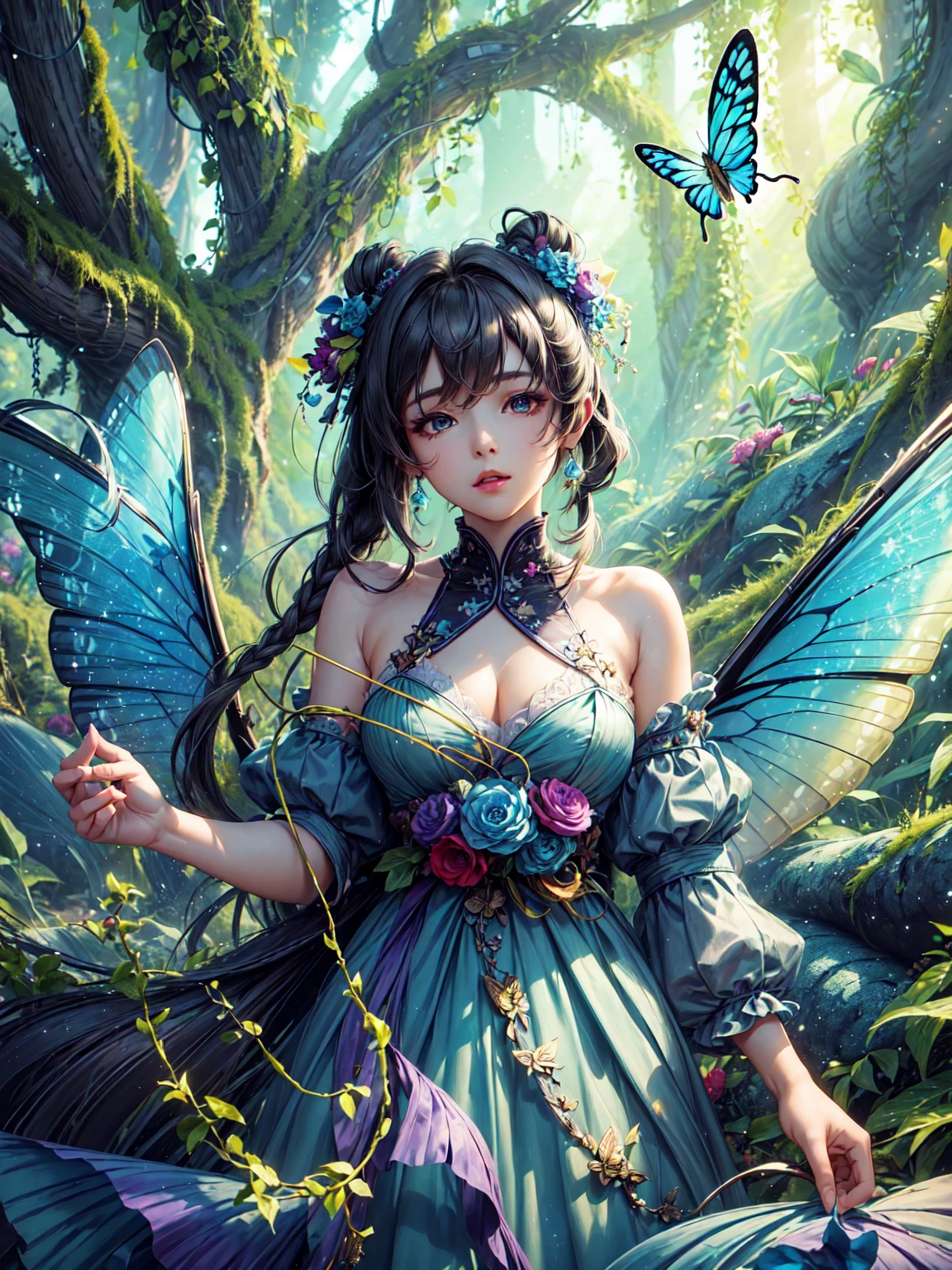 ((masterpiece)), (((Highest quality))), ((Very detailed)), colorful, High resolution, One girl, alone, Upper Body, Grey Hair,Green Eyes, Luo Tianyi (Midsummer),Midsummer, Black and purple dress, (Blue Butterfly), White butterfly wings