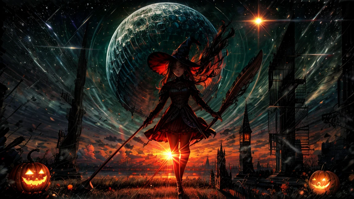 Generate a high-definition image of a witch riding a broomstick. The background is a windy night sky, and the witch is holding a Jack-o'-lantern. The witch is dressed in a black dress and a pointed hat, with her hair flowing in the wind. The witch should be playing a violin. The witch should be anatomically accurate and detailed. The overall atmosphere should be fantastical and magical.