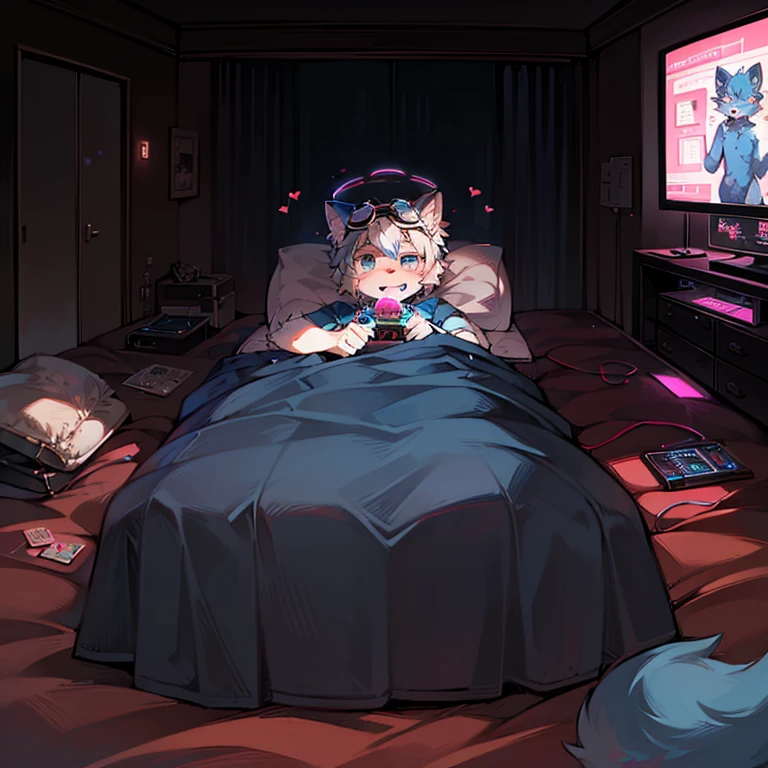 (Dark Environment: 0.8), masterpiece, high quality, abstract res, number\(artwork\), From dagasi, Yes, Seizan, (Flower Charcoalo, Fluffy fur, character focus: 1.1), Flower Charcoalo Male Cat, short hair, portrait , Bright Eyes, panoramic, character focus. (Detailed background: 0.7), Solitary, hairy, hairy Male, Male focus, Flower Charcoal, (Body hair, hairy尾巴, Blue fur, Gray eyes, White hair: 1.2), (Cats, hacker, goggles: 1.2), (Internal, night, Room, Electronic screens: 1.1) Game consoles, Electronic screens, Lovely, Lying in bed, Bubblegum in his mouth. (Cyberpunk style, Blue and white top)"