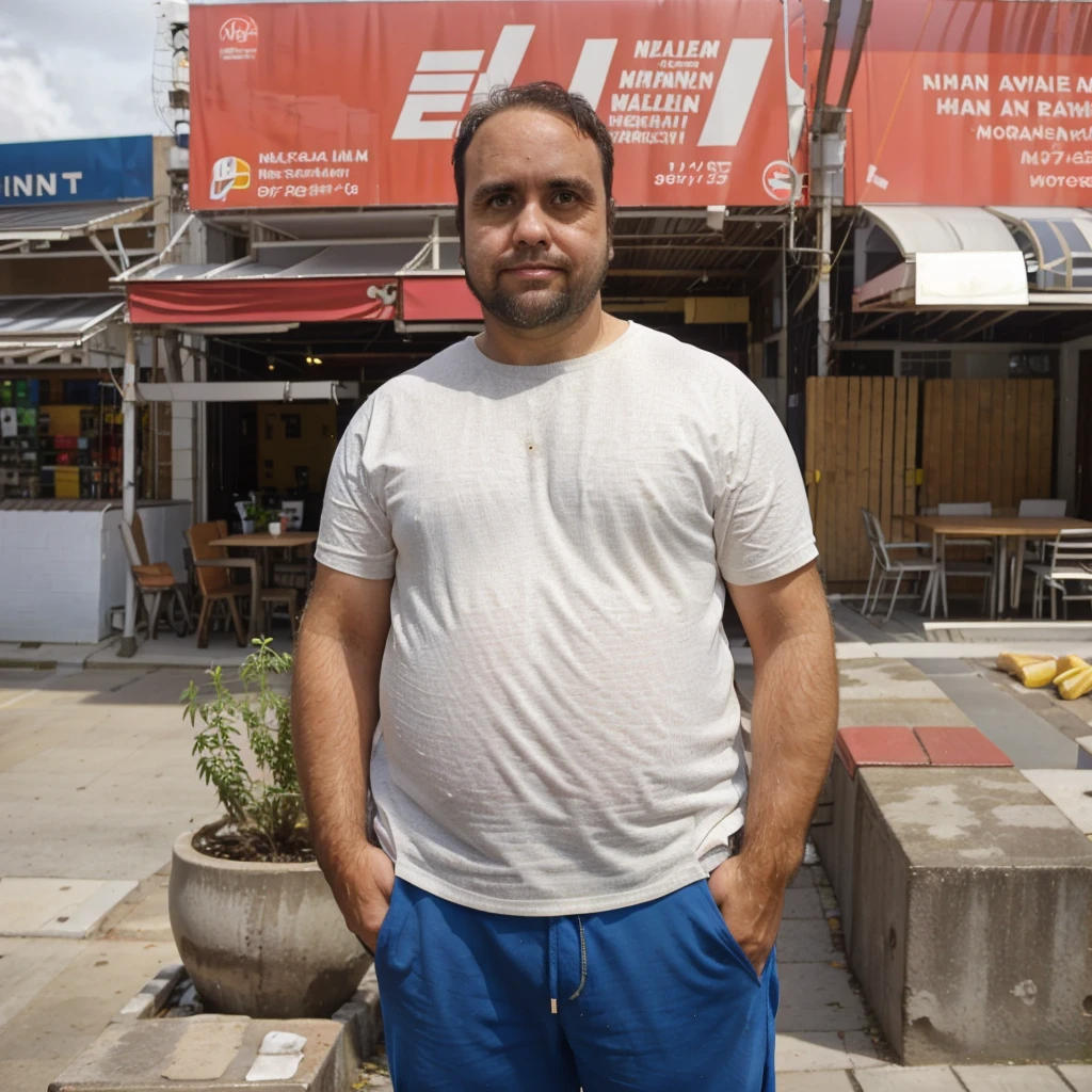 40-year-old man, chubby, brown eyes and hair, short beard, street clothes, professional photography, various positions, various environments 