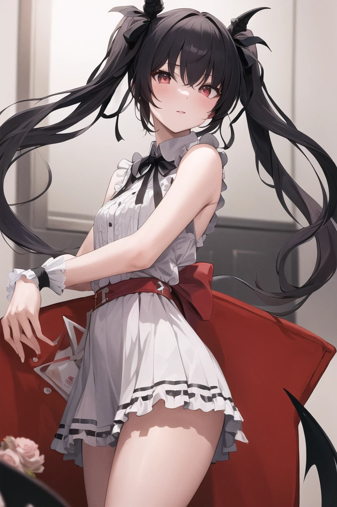 masterpiece, Highest quality, High resolution, Oh yeah, Long Hair, Twin tails, Hair Ribbon, Black Ribbon, Devil&#39;s Tail, Detachable collar, Bare shoulders, Red dress, Colorful clothes, Removable sleeves, Striped knee socks, Sitting, Crossing your legs, :), Throne