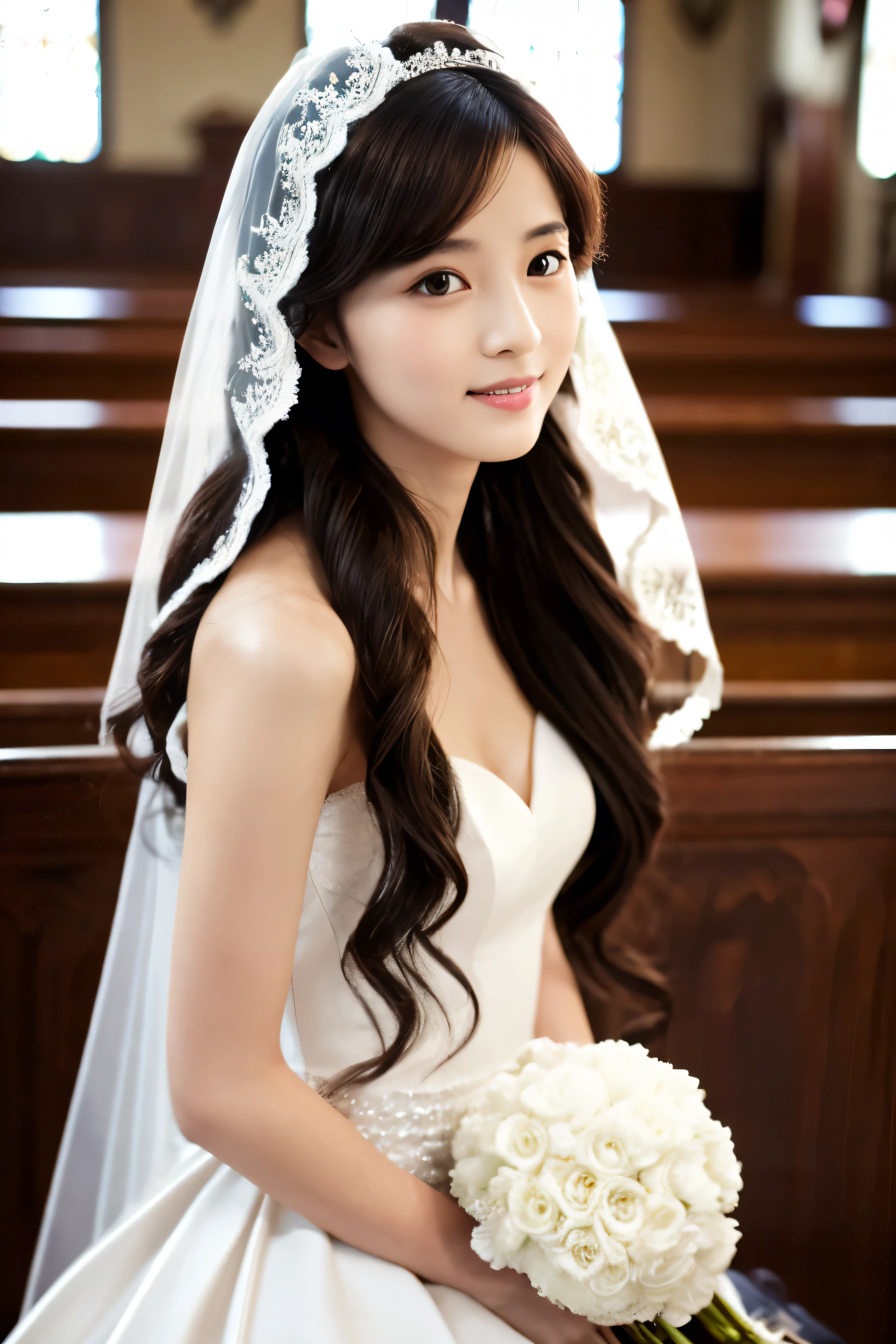 Skinny Japanese woman, Long Wavy Hair, Dark Brown Hair、wear (Wedding dress:1.3), sitting in church. Realistic, Realistic, high quality, Raw photo, Detailed Background, Very detailed, Sharp focus, High resolution, 8K, 超High resolution, Digital SLR, Realistic eyes, Perfect Eyes,Wedding dress、No veil on the head、Seductive pose、Full body photo、Full body photo、