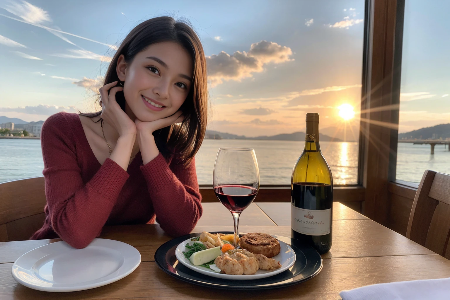 ((Highest quality、8K、masterpiece:1.3))、 (Ultra-realistic、 Genuine、Bright image、Intricate details:1.2), 最高のsmile、1 male 1 female、Beautiful couple、love love love、A lover who resembles Miki Nakatani、Good friends、actress couple、smile、Full-course dinner at a packed table、 (Slim face), (the body is slim), (Brown Hair), (short hair), テーブルのwine glass、Please shine a light on my face、 Amazing view of the sunset sky and clouds、9 years old, red wine 、Appetizers、Wine bottle、sparkling wine、Long sleeve shirt、dress、White wine, red wine, wine glass,