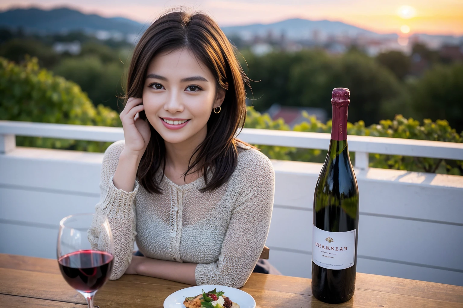 ((Highest quality、8K、masterpiece:1.3))、 (Ultra-realistic、 Genuine、Bright image、Intricate details:1.2), 最高のsmile、1 male 1 female、Beautiful couple、love love love、A lover who resembles Miki Nakatani、Good friends、actress couple、smile、Full-course dinner at a packed table、 (Slim face), (the body is slim), (Brown Hair), (short hair), テーブルのwine glass、Please shine a light on my face、 Amazing view of the sunset sky and clouds、9 years old, red wine 、Appetizers、Wine bottle、sparkling wine、Long sleeve shirt、dress、White wine, red wine, wine glass,