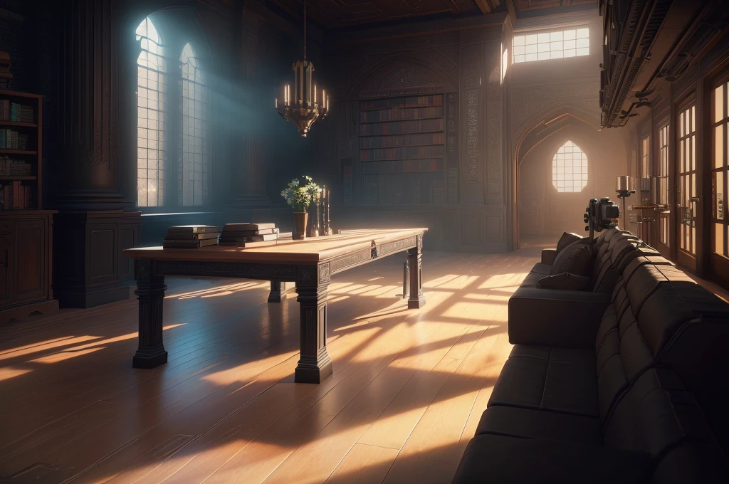 There is a table with a bunch of books and a camera, Interior cyberpunk mosque, Detailed cinematic shot, YouTube video screenshot, Video game screenshot>, dusty library, Unreal Engine 5 details, Cinematic screen capture for PS5, Introduced Unreal Engine 5, Unreal Engine 5 Introduction, Shot from a movie, Screenshot of the game, Introducing detailed Unreal Engine 5, Made in Unreal Engine 5