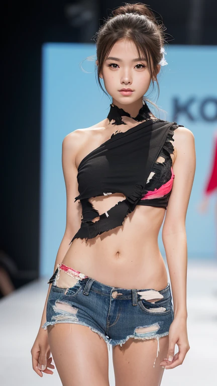 A girl walking down the runway at a fashion show,Swimwear, thigh, (Torn clothes:1.9), (High resolution:1.3), (16K, Realistic, RAW Photos, Best image quality: 1.4), (One Girl), Beautiful Face, (A vivid face), Beautiful hairstyle, Realistic eyes, Beautiful and exquisite, (Realistic Skin), Beautiful skins, charm, 超High resolution, Surreal, High detail, Golden Ratio, Highly detailed cute girl,(20-year-old)
