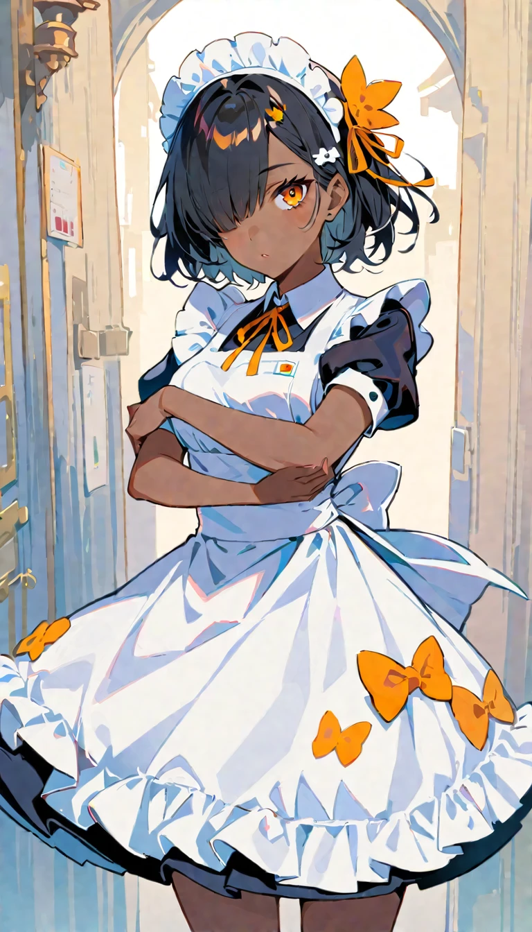 Woman in white skirt clothes, 1 girl, solo, apron, dark skin woman, dark skin, hair above one eye, looking viewer, hair ornament, maid, maid headdress, black hair, orange eyes, puffy sleeves, short sleeves
