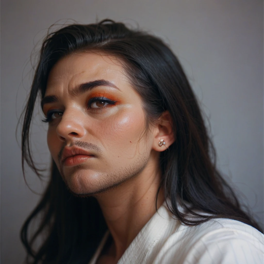 bearded woman, black hair, brown eyes, eyeliner, counts her tired of bills