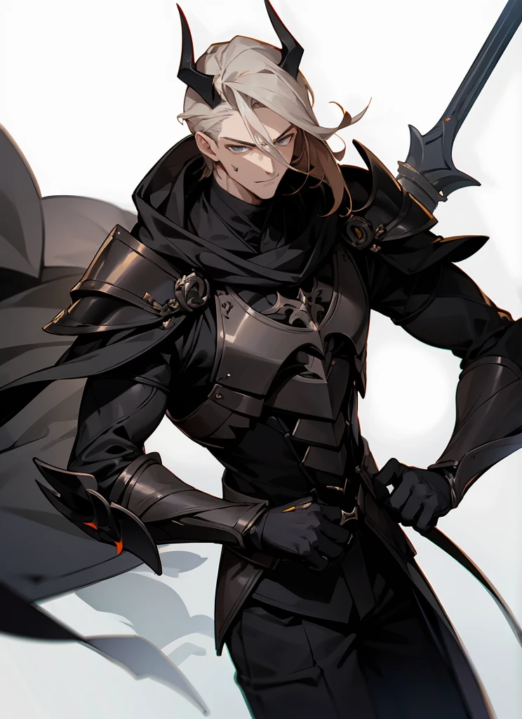 1 , handsome fashion hair,bronze hair highlightwhite, fanstasy, smile face, male ,fantasy, reaper, hunter with blackshortsword, villian face, black armor , darkness wolrd, bad, devil mask