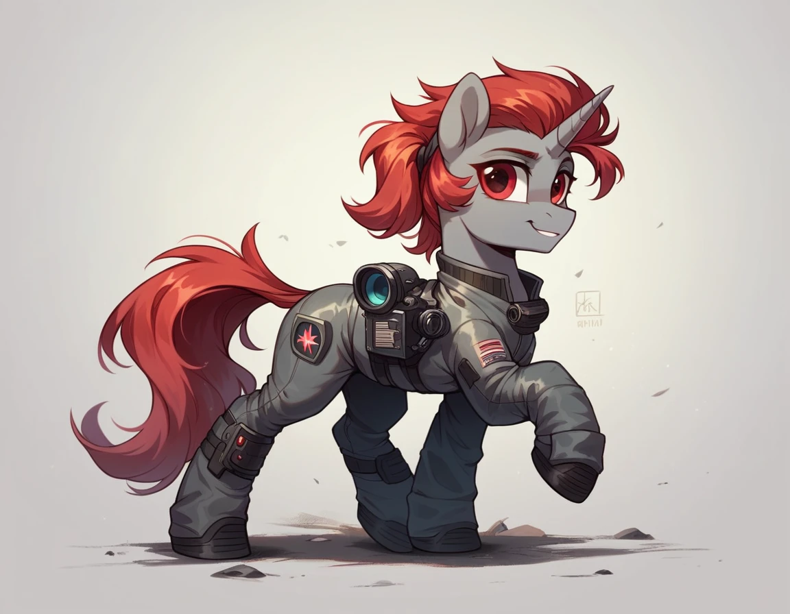 A beautiful brutal pony from My Little Pony unicorn with dark gray fur stallion, red eyes, red mane, stallion, dressed in a futuristic red-and-gray space suit, full-length, looking at the camera, a big smile