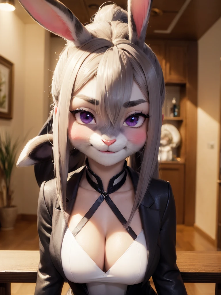 best quality,
masterpiece,
hyper Realistic,
ultra-detailed,
beautiful detailed,
4K,8K,High level,
PIXAR,
Photo real,
Portrait,
Looking at the audience,
(background is Forest:1.3),
Realistic lighting,
((anthropomorphic rabbit)),
detailed animals,
Complex patterns,
(furry:1.5),
(Whole skin is gray:1.4),
(body is fluffy and bushy:1.3),
Realistic fur,
((human hands)),
(Face is JudyHopps:1.35),
{((long straight hair)), ((ponytail hair))},
wispy bangs, bangs,
purple eyes,
{highlight on eyes, crisp eyes, sparkle in the eyes, round big pupils},
detailed iris,
(rised eyebrows:1.2),
(Crescent Brows:1.3),
(rabbit ears:1.1),
Smile,
Big Smile,
Innocent smile,
raised corners of mouth,
office lady is wearing suit,
((White blouse)) BREAK ((Black blazer)) BREAK ((Black pants)),
clothes made of wool,
((She is blushing in the cheeks)),
((Looks excited)),
(solo:1.5),
(1 lady:1.5),
one character only
alone,
Perfect Anatomy,
highlight,
sunlight,
daylight,
intricate details,
ray tracing,
photorealistic,
lighter shadows,