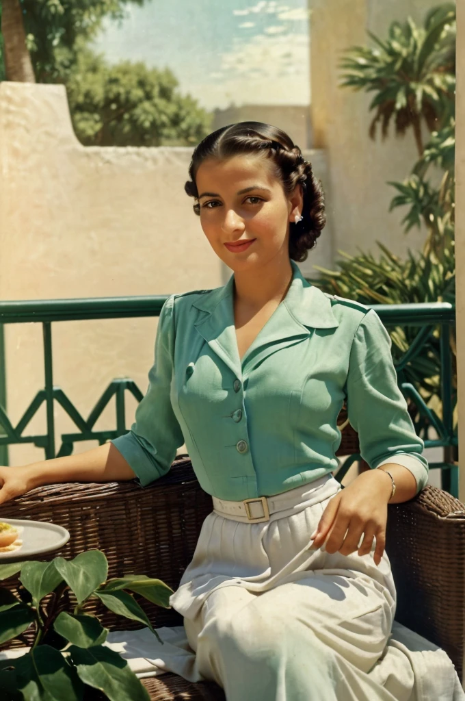 Palestine, 1946. portrait of A young ((((35-year-old)) Sira Quiroga)), beautiful, skinny, sitting in a luxurious hotel patio, ((((clothings from the 1940s)))), ((hairstyle of the 1940s)), ((colorful, Monet))