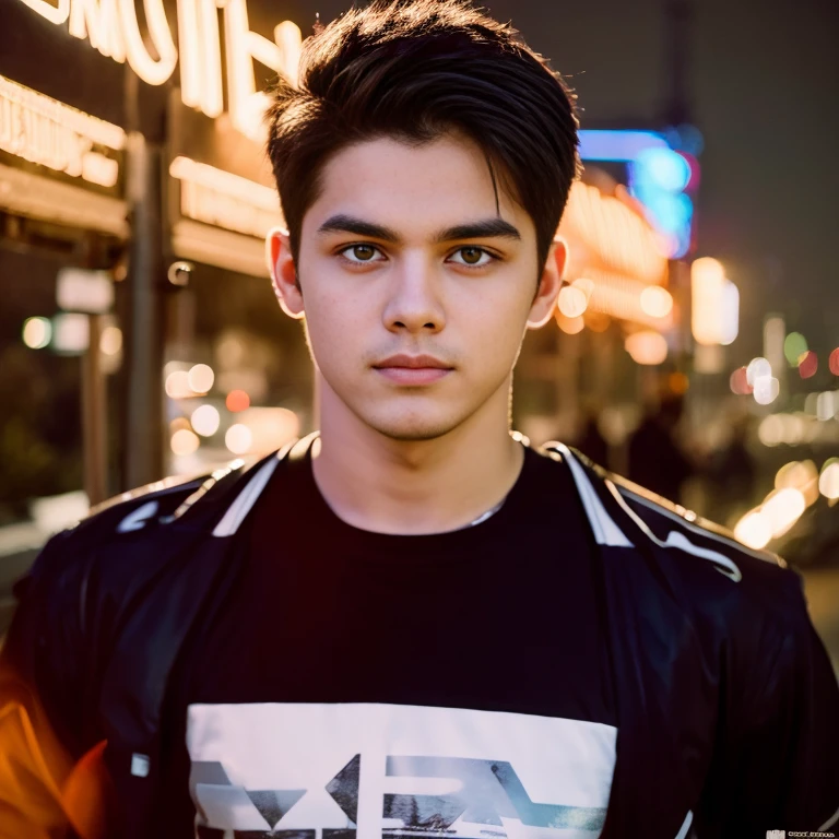 Aarav man, 25 years old, short black haircut, standing in the middle of the road., Hero Moves, standing next to car, Nissan 350z middle shot, The promotion is still on., The promotion is still on., Zach Retz, Shot with canon eos r5, Shot with canon eos r5, moody movie lighting, Rafael Pernaz, Photo Editor, Alexander Rostov, Still from Riverdale, Portrait 8 k, cyberpunk noir, ultra realistic, neon, photography model, raw image, dsrl, neon signs, purple, light blue, red